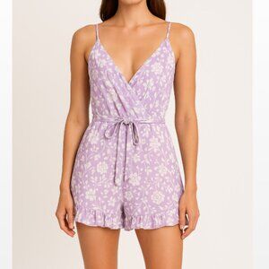Crystal Doll Lilac and White Floral V Neck Spaghetti Strap Ruffle Hem Romper